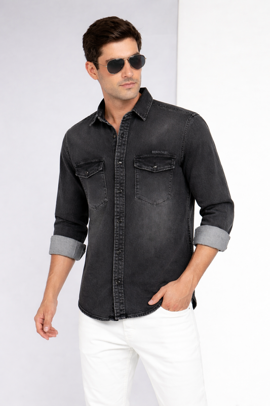 Men Casual Black Denim Shirt – Modern Stylish Fit SC-1942
