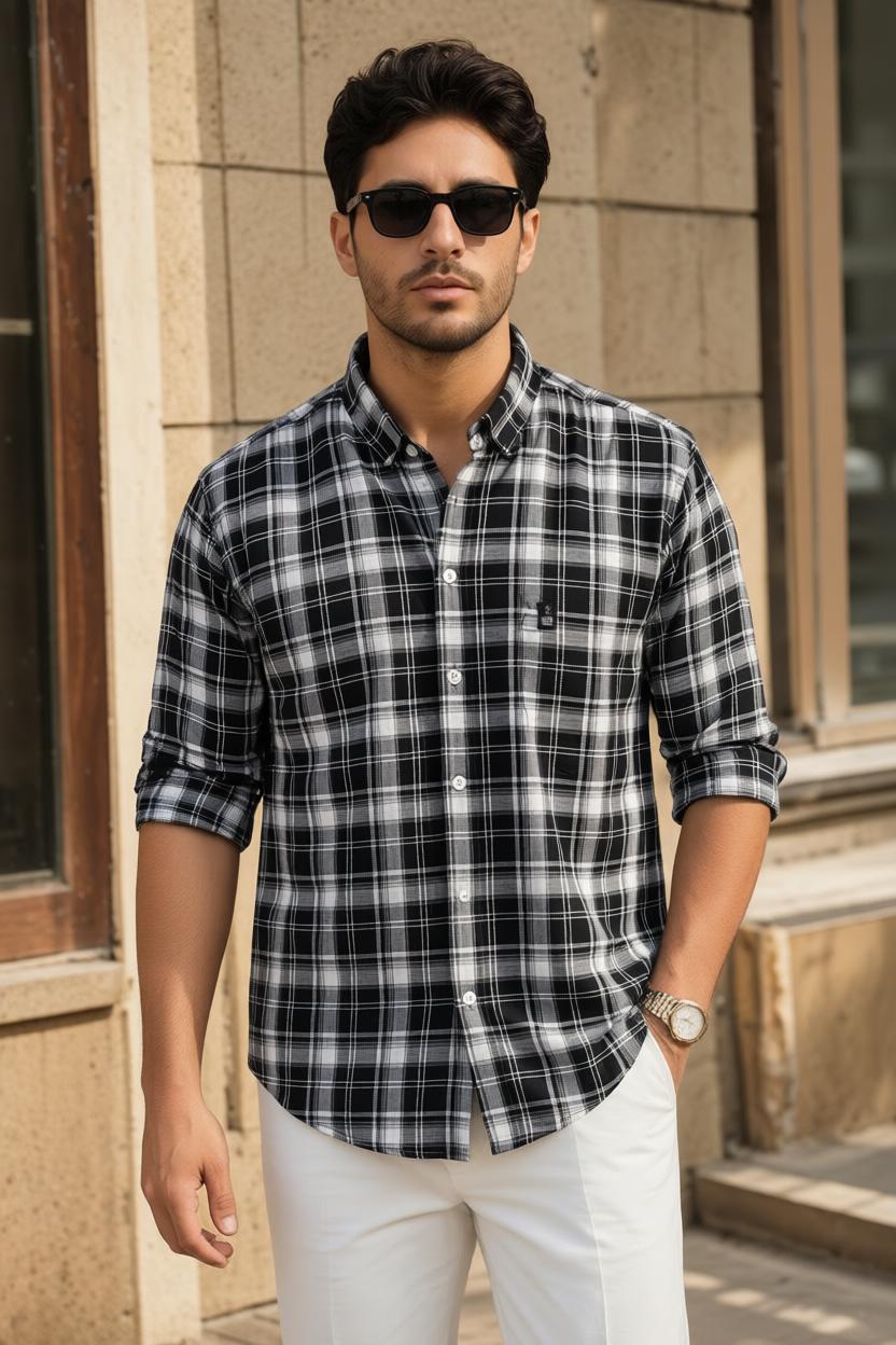 Black & White Plaid Casual Shirt for Men – Trendy Full Sleeve Shirt WON