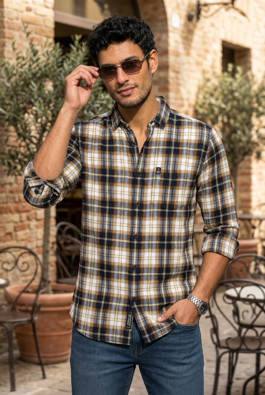 Mustard Bold Check Casual Shirt - Perfect for Smart-Casual Wear FABCK