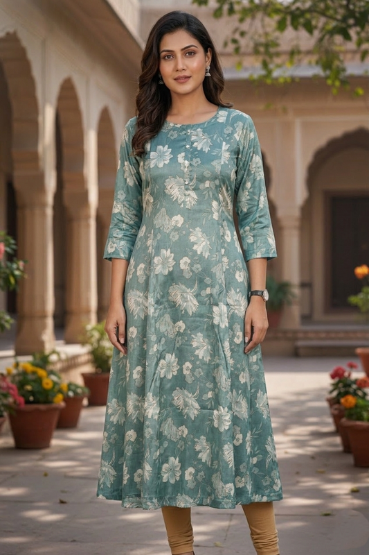 Pista Floral Anarkali Kurti - Long Kurti for Women 261059181