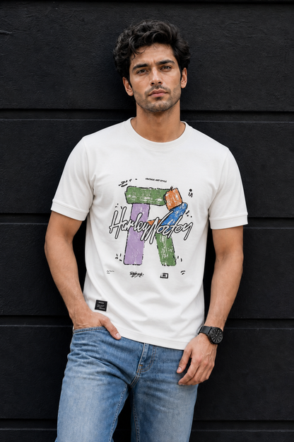 Men White Printed T-Shirt – Half Sleeve Art Style Graphic T-Shirt