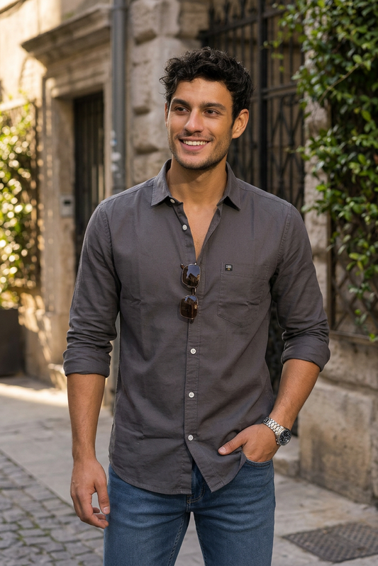 Men Slim Fit Dark Grey Cotton Casual Shirt - Premium Smart-Casual Wear JK