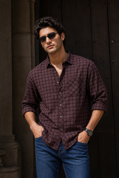 Men Wine Plaid Full Sleeve Shirt – Casual Checkered Shirt
