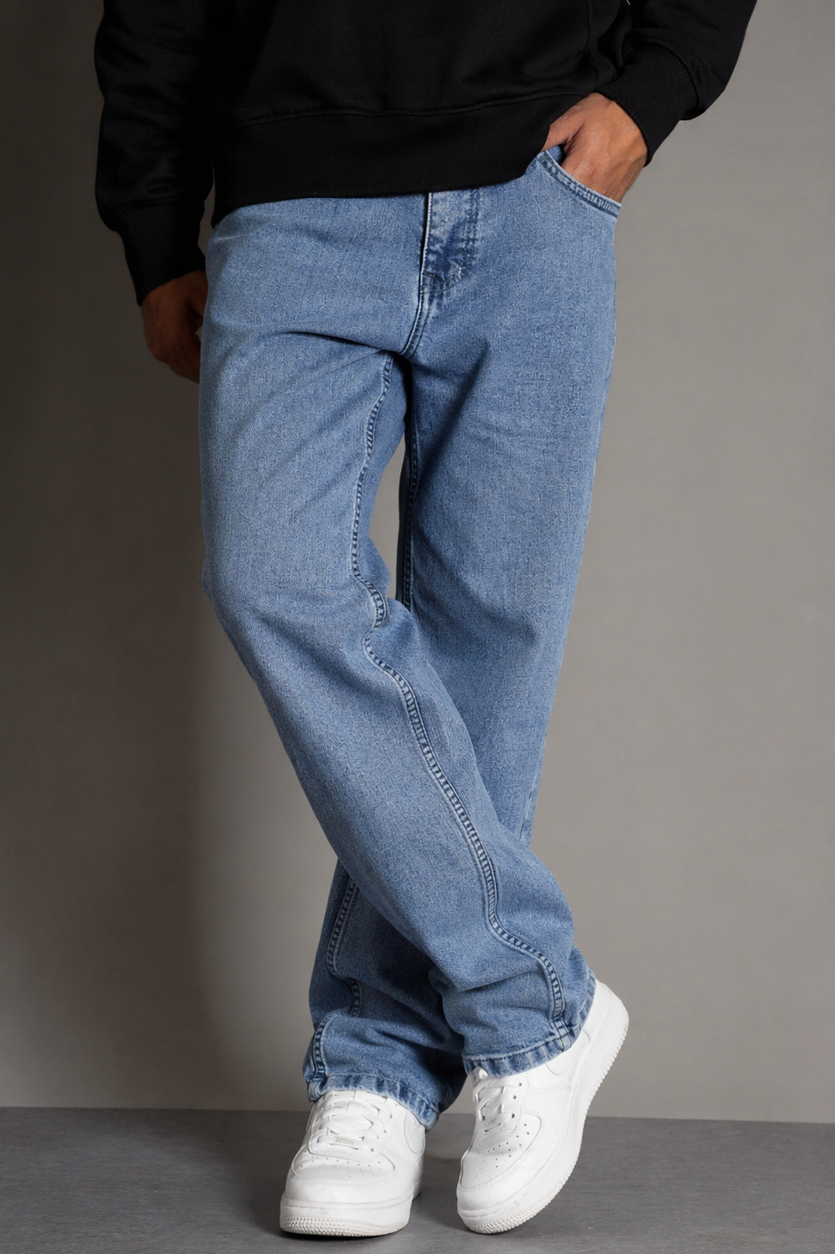 Classic Light Blue Wash Straight Fit Jeans for Men Baggy