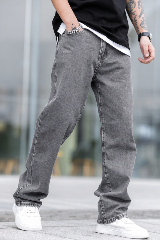 Men Light Grey Straight Fit Jeans - Classic Washed Denim Baggy