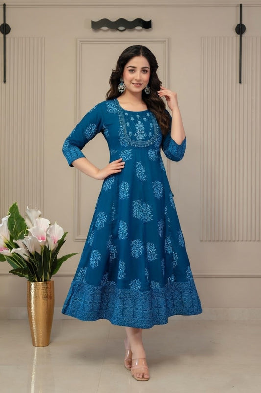 Women Royal Blue Self Print Anarkali KurtI