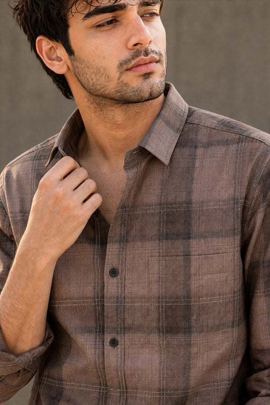 Men Brown Plaid Flannel Button-Up Shirt – Long Sleeve KEV-597-24