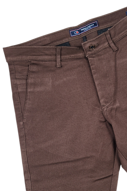 Men Brown Narrow Fit Structured Pants-TEM