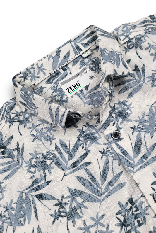 Men Blue Leaf Print Shirt | Long Sleeve Casual Zero