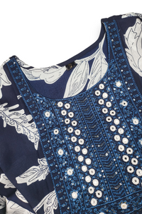 Women Navy Blue & White Printed Kurti with Embroidered Yoke | ATLANARKALI