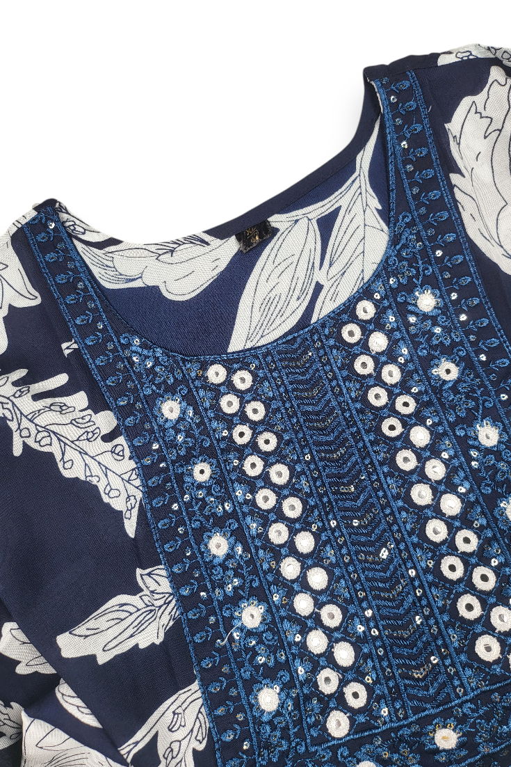 Women Navy Blue & White Printed Kurti with Embroidered Yoke | ATLANARKALI
