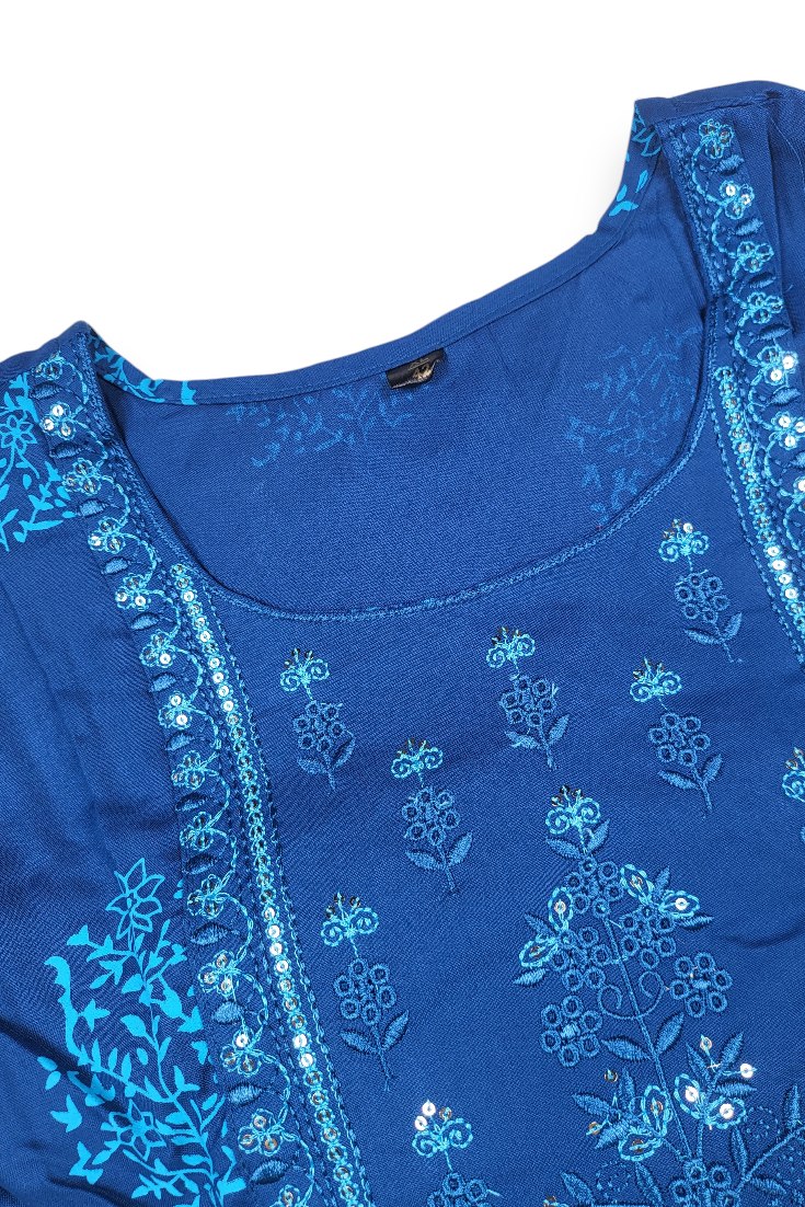 Women Royal Blue Self Print Anarkali KurtI