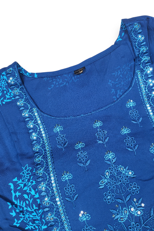 Women Royal Blue Self Print Anarkali KurtI