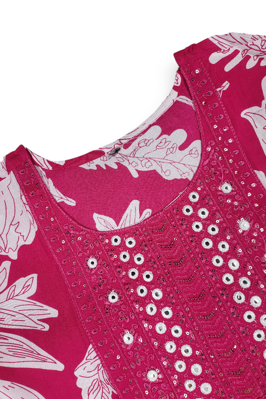 Women Rani & White Printed Kurti with Embroidered Yoke