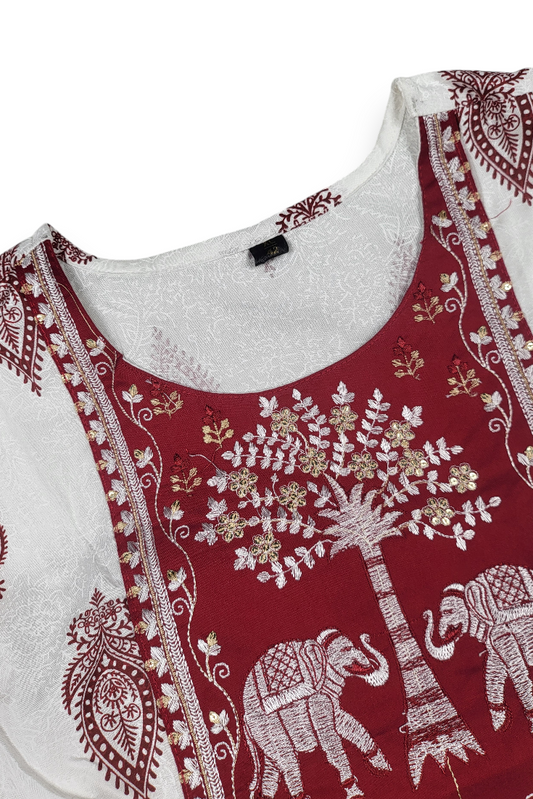 Women White Base Maroon Elephant Print Anarkali Kurti | Contrast Yoke Dress