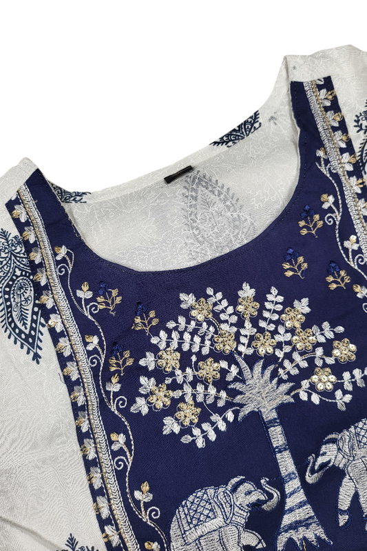 Women White Base Navy Blue Elephant Print Anarkali Kurti | Contrast Yoke Dress
