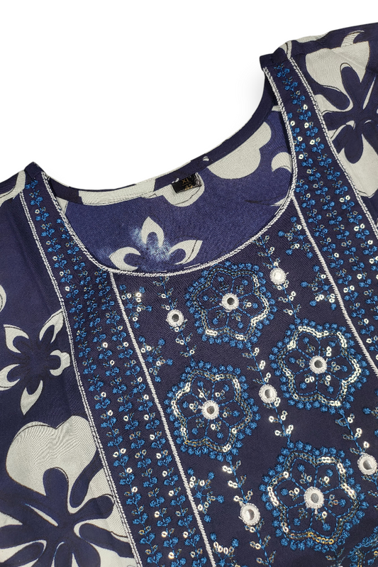 Navy Blue Floral Anarkali Kurti | Soft Cotton Casual Everyday Dress for Women