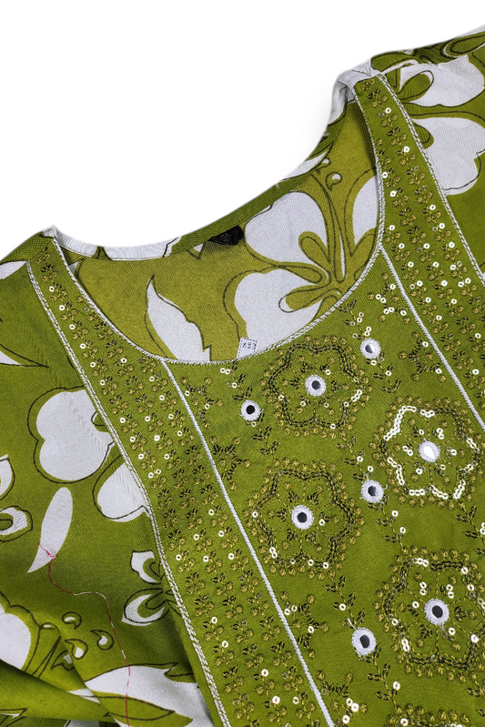 Green Floral Anarkali Kurti | Soft Cotton Casual Everyday Dress for Women