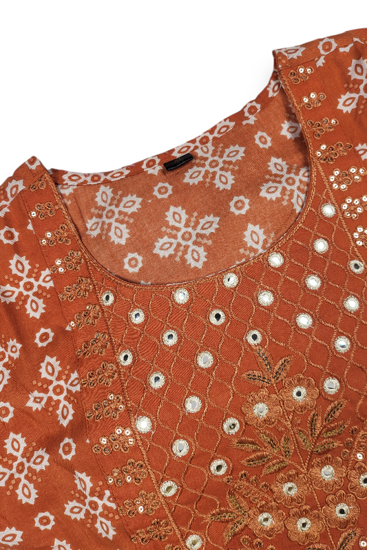 Bright Rust Cotton Rayon Printed Kurti – Comfortable Flared Anarkali Dress for College Office & Daily Wear