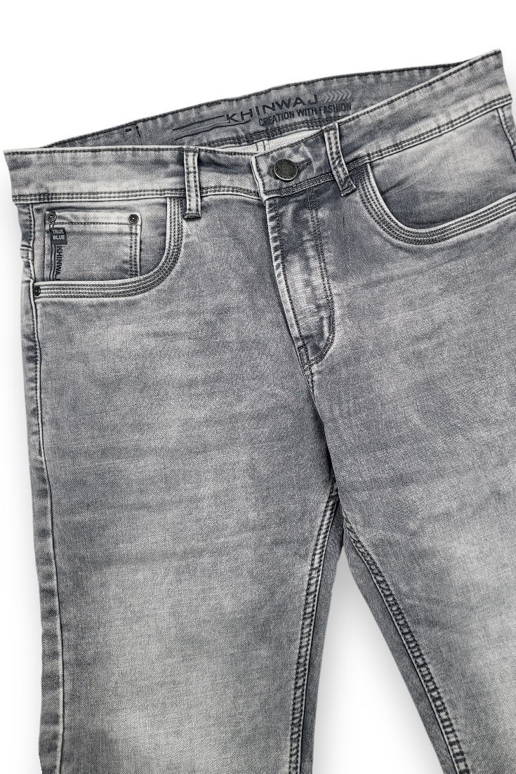 Khinwaj Men Light Grey Silver Wash Narrow Fit Denim Jeans Premium