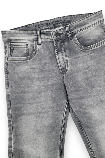 Khinwaj Men Light Grey Silver Wash Narrow Fit Denim Jeans Premium