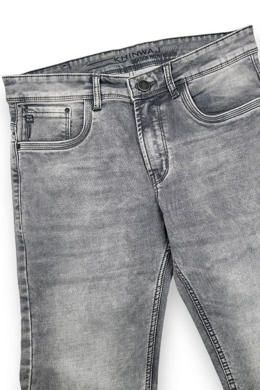 Khinwaj Men Light Grey Silver Wash Narrow Fit Denim Jeans Premium