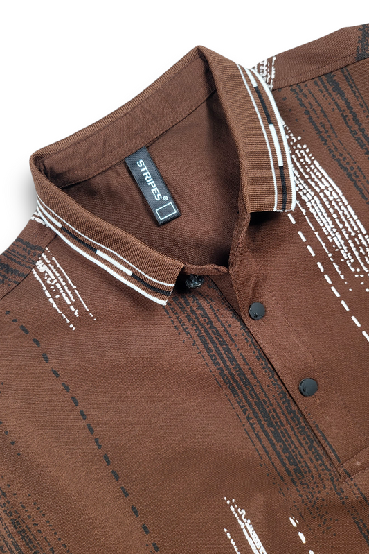 Men Printed Collared Polo T-Shirt in Earthy Coffee