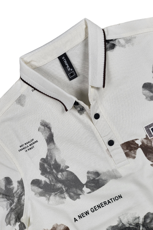 Men Designer White Polo T-Shirt with Abstract Print – Casual Style