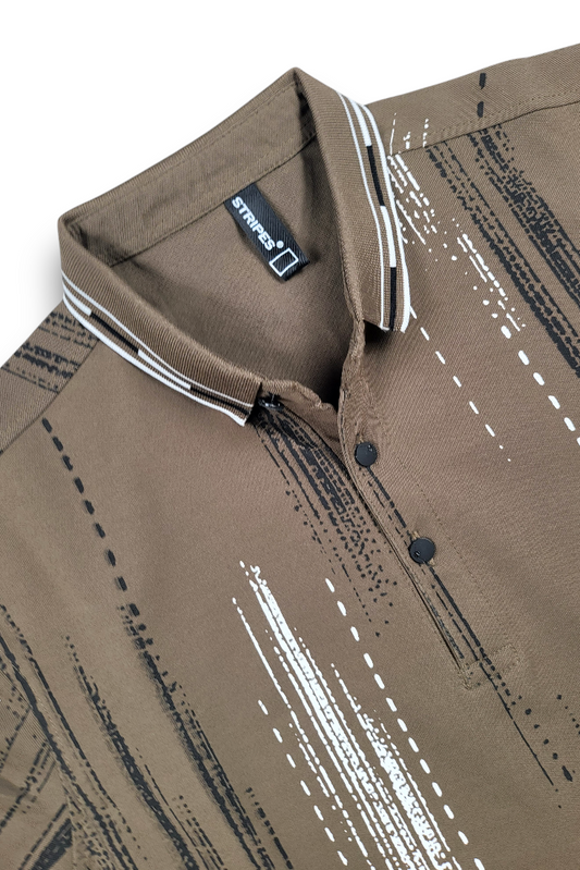 Men Printed Collared Polo T-Shirt in Earthy Olive