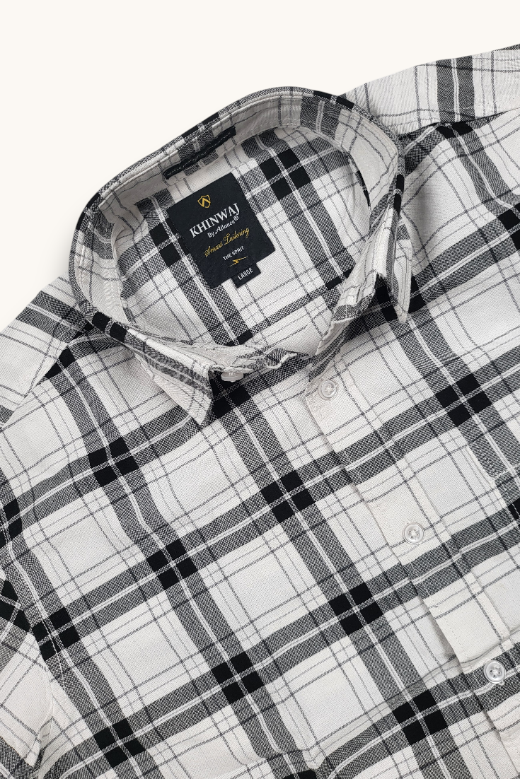 White Checkered Shirt for Men | Classic Plaid Long Sleeve Casual Shirt OXFCH