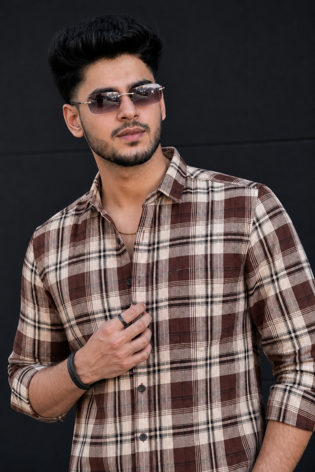 Men Casual Coffee Plaid Shirt – Classic Long Sleeve Check Shirt