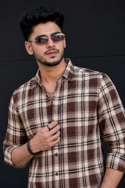 Men Casual Coffee Plaid Shirt – Classic Long Sleeve Check Shirt