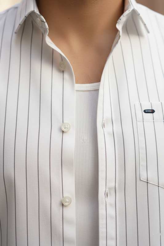 Classic White Striped Long-Sleeve Cotton Shirt for Men 251210002