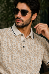 Men White Leaf Print Polo T-Shirt