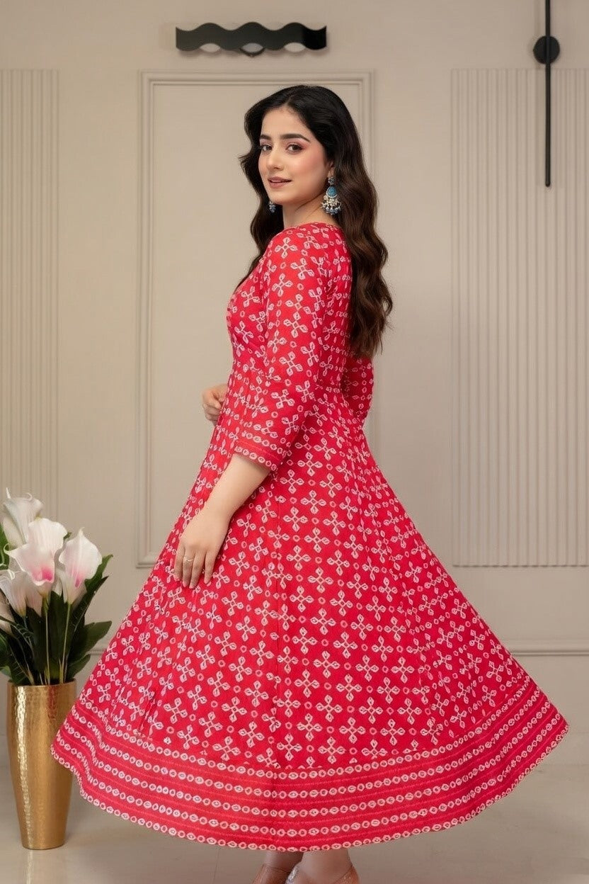 Bright Rani Cotton Rayon Printed Kurti – Comfortable Flared Anarkali Dress for College Office & Daily Wear