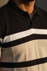Men’s Slim-Fit Knitted Polo T-Shirt - Black & Beige Striped 261040689