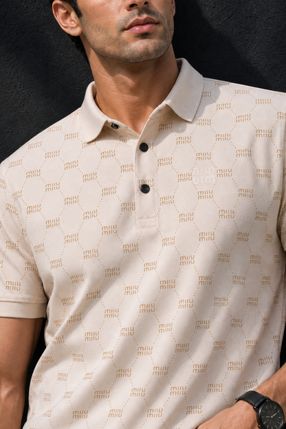 Men White Printed Polo T-Shirt – Half Sleeve Collar Neck