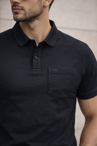 Men Black Cotton Polo T-Shirt with Pocket - Casual Short Sleeve Slim Fit 8622