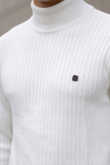 Premium Slim Fit White Ribbed High Neck Pullover 251205533