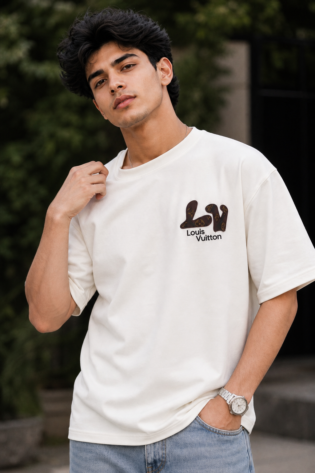Men Louis Vuitton White Logo Drop Shoulder T-Shirt