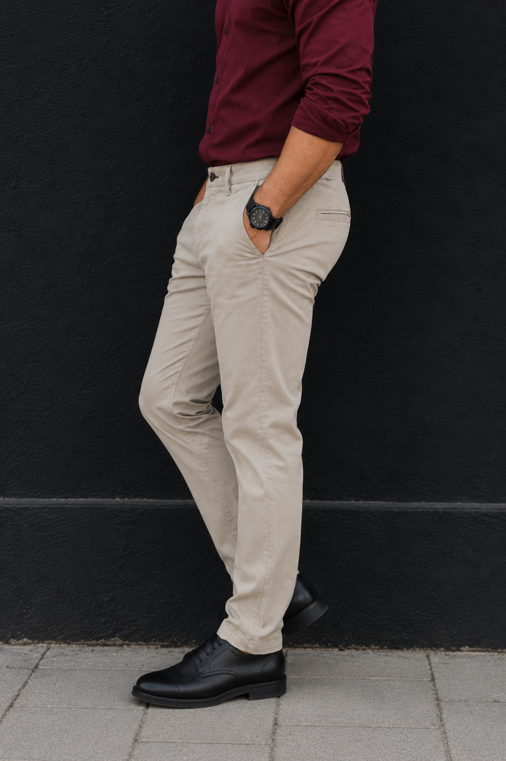 Men Cream Micro-Textured Cotton Chinos | Stylish Narrow Fit Pants 5130
