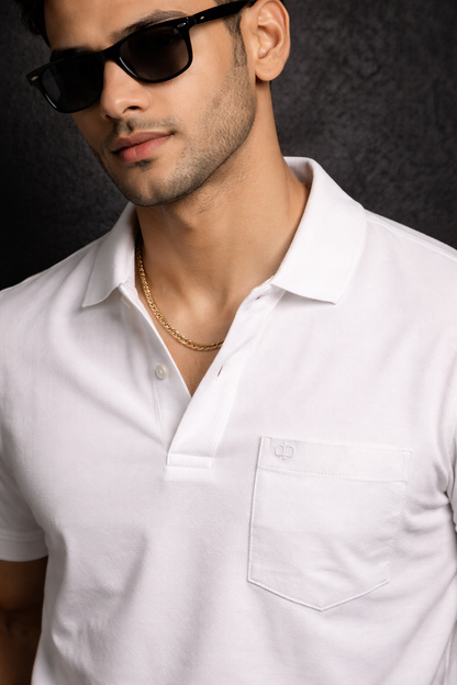 Men White Cotton Polo T-Shirt with Pocket - Casual Short Sleeve Slim Fit 8622
