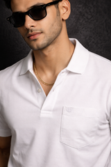Men White Cotton Polo T-Shirt with Pocket - Casual Short Sleeve Slim Fit 8622