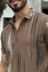 Men Printed Collared Polo T-Shirt in Earthy Olive