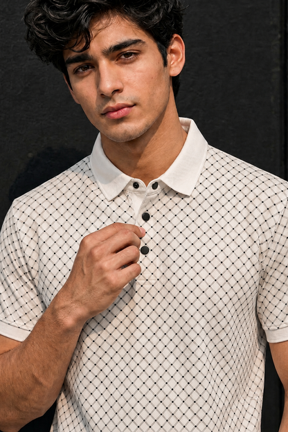 Men White Geometric Print Polo T-Shirt | ATL6140