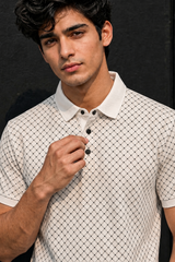 Men White Geometric Print Polo T-Shirt