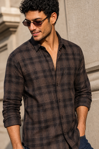 Beige & Black Plaid Long Sleeve Shirt KEV-592