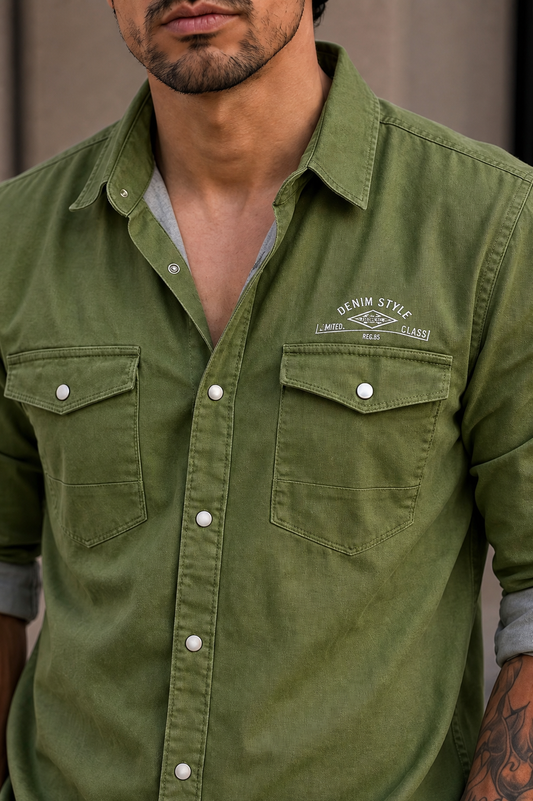 Men Olive Double Pocket Casual Shirt | Snap Button Denim Shirt