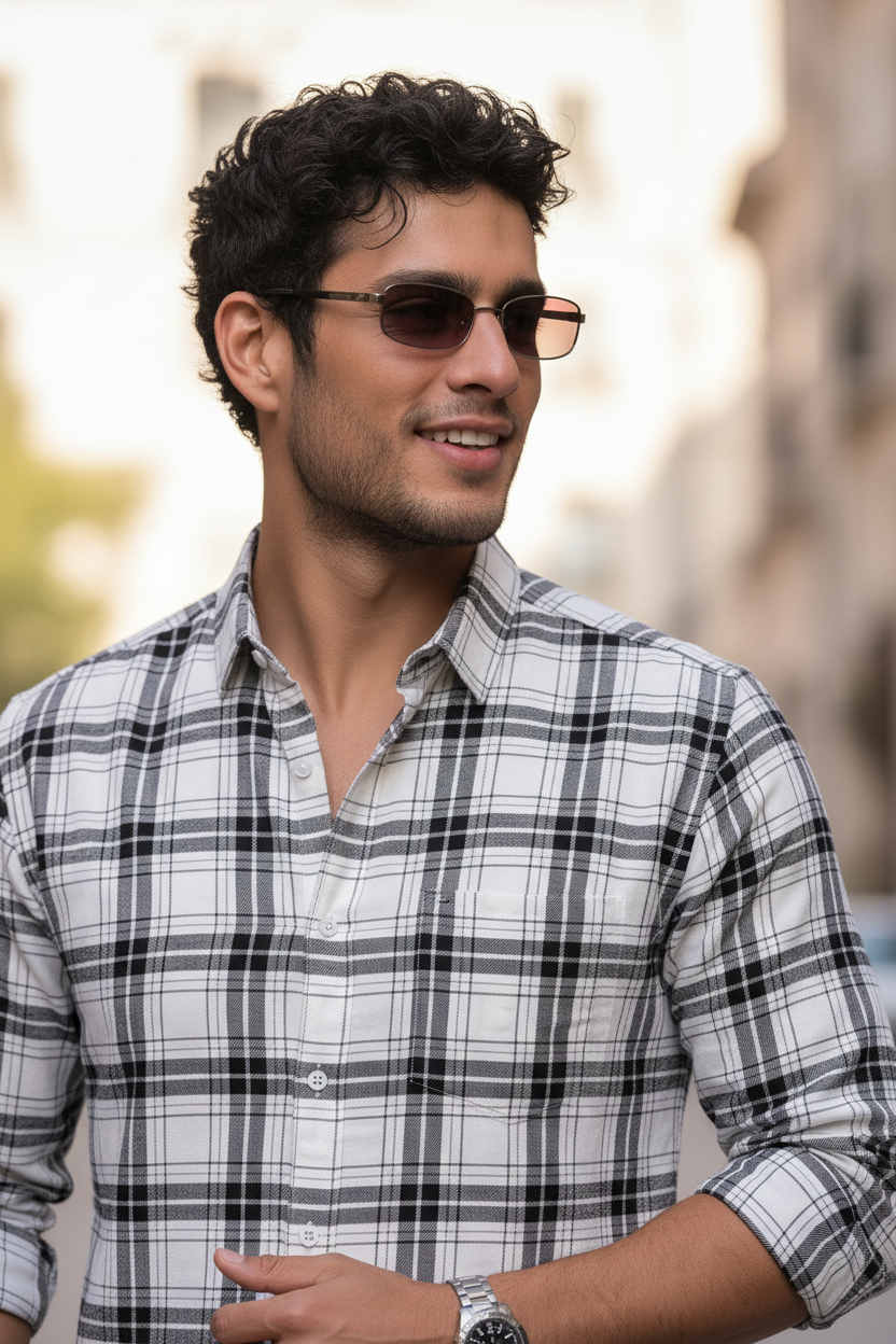 White Checkered Shirt for Men | Classic Plaid Long Sleeve Casual Shirt OXFCH