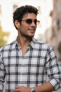White Checkered Shirt for Men | Classic Plaid Long Sleeve Casual Shirt OXFCH